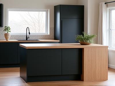 Moderne kjøkkenøy i eik med mørke fronter