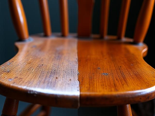 Før og etter av en restaurert antikk trestol, den restaurerte delen er levende og skinnende